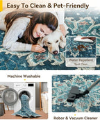 Area Rugs Square 8ft Washable Non-Slip, Floral Vintage Distress Print Pattern Medallion Carpet for Living Room Bedroom Dining Room, Teal Green Lake Blue Turquoise