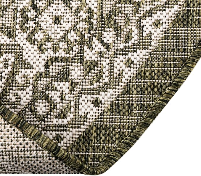 Rugs.com Outdoor Aztec Collection Rug – 13 Ft Round Green Flatweave-Pile Rug Perfect for Kitchens, Dining Rooms