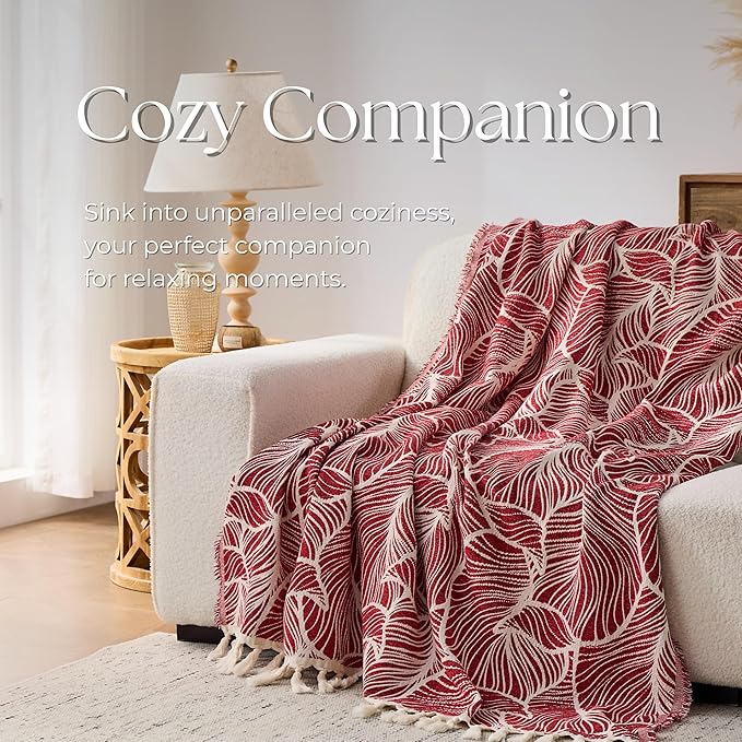 DOWN HOME Chenille Cotton Throw Blanket for Couch, Lightweight Boho Blanket for Bed Sofa Chair Living Room Outdoor Soft Woven Decorative Blanket with Tassel Gift Red Leaves 55"x60"