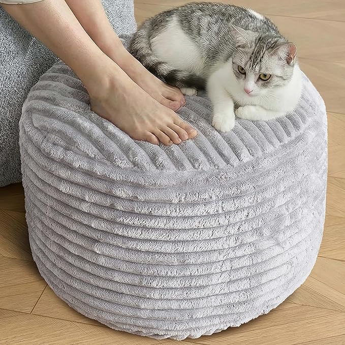 SHOUREN Stuffed Round Pouf Ottoman,Corduroy Foot Rest with Shredded Foam Filling, Lightweight and Fluffy Pouf Storage Ottoman for Living Room,Floor Poufs for Couch,20"x15", Light Grey
