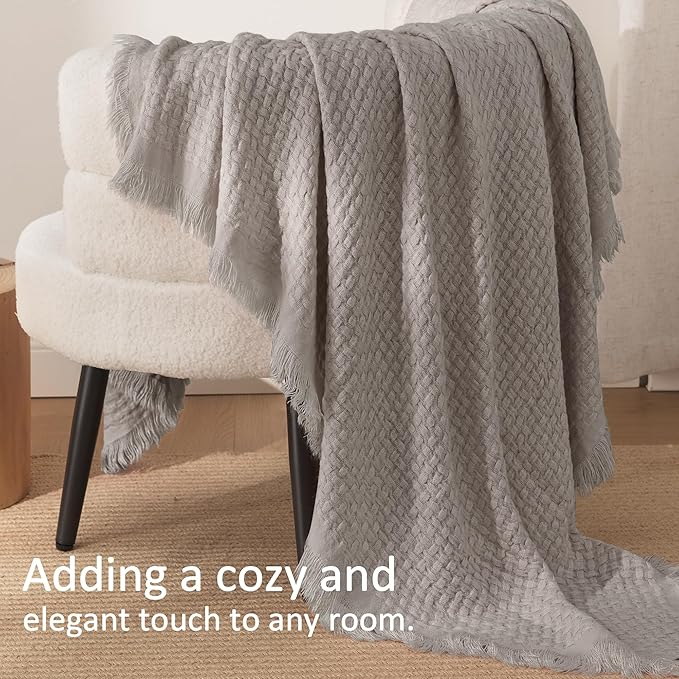 Exclusivo Mezcla Knit Throw Blanket with Fringes for Couch, Reversible Super Soft and Warm Woven Boho Throw for All Season, Home Decor, 50"x60", Taupe
