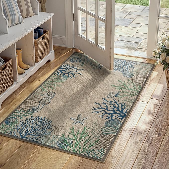 LIVEBOX Easy Jute 28''x43'' Front Porch Rug, Outdoor Non Slip Washable Kitchen Rug Modern Coastal Animal Area Rugs Floor Hello Welcome Door Mat Carpet for Entryway Porch Doorway(Blue 28''x43'')