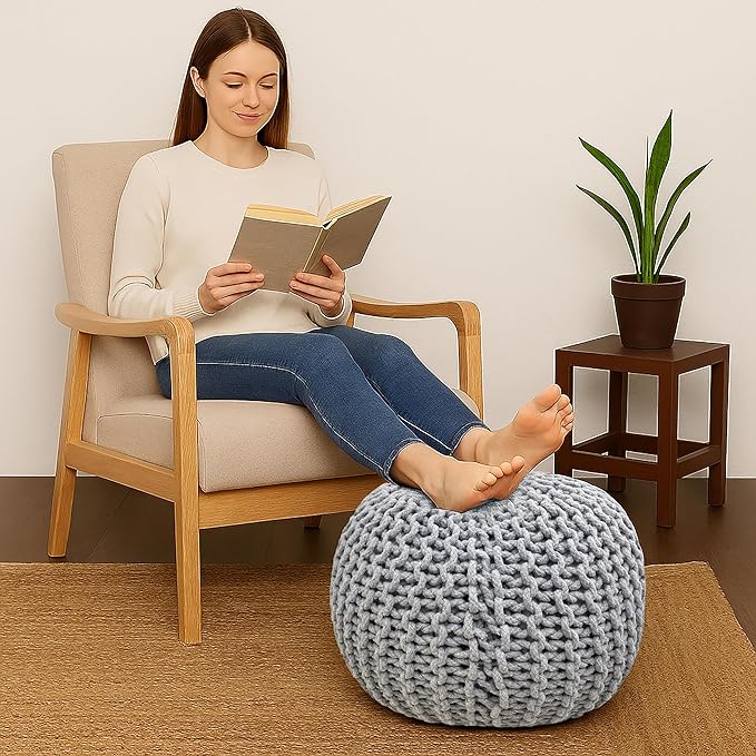 Palisa Round Ottoman Pouf Handmade Cotton Knitted Poof Bean Bag Filling | Boho Pouffe for Living Room & Bedroom | Foot Rest Poufs for Office Home Decor (Grey, 20" D x 20" W x 14" H)