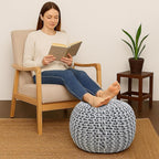 Palisa Round Ottoman Pouf Handmade Cotton Knitted Poof Bean Bag Filling | Boho Pouffe for Living Room & Bedroom | Foot Rest Poufs for Office Home Decor (Grey, 20" D x 20" W x 14" H)