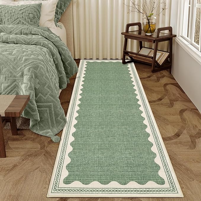 Scalloped Sage Green 2.5x8 Runner Rug for Hallway Washable Kitchen Rugs Non Slip Solid Tan Jute Modern Minimalism Soft Low-Pile Scalloped Indoor Carpet for Entryway Laundry Room Floor Mats
