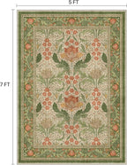 Bavni 5x7 Area Rugs for Living Room, Microfiber Machine Washable Non-Slip Vintage Floral Rug, Low Pile Lightweight Carpet for Bedroom, Dining Room, Home Office, Sage Green & Burnt Orange