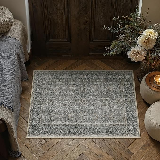 Grey Brown Entryway Rug 2x3 Vintage Area Carpet Indoor Kitchen Washable Door Mat Living Room Entrance Small Low Pile Traditional Distressed Retro Accent Throw Rug Non Slip Office Bathroom