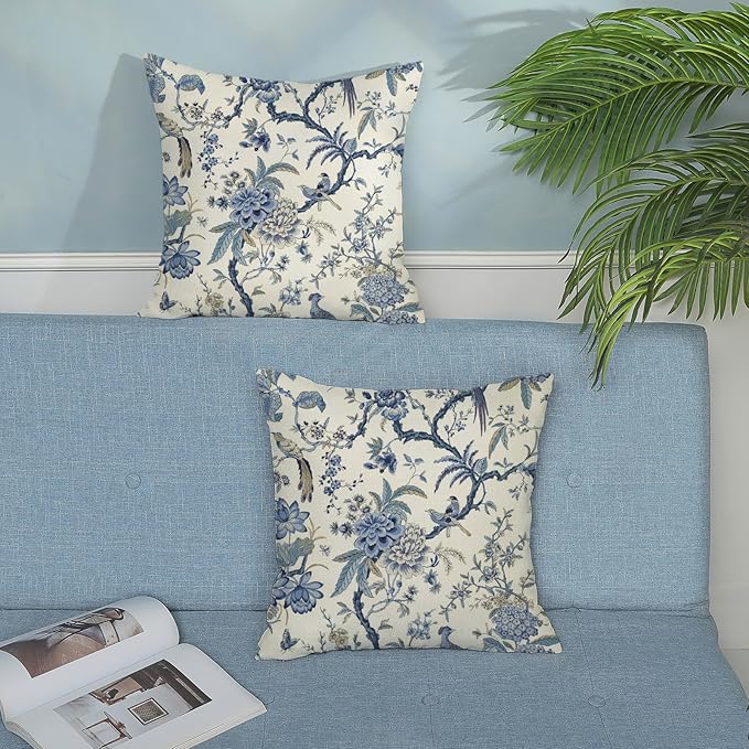 Chinoiserie Floral Bird Pillow Covers 24x24 Set of 2 Blue Chinoiserie Flowers Decorative Pillow Cases Outdoor Decor Blue and Cream Throw Pillows Farmhouse Linen Cushion Cover for Couch Home