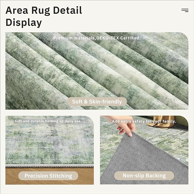 Washable Runner Rug, 2'6" x 8' Non-Slip Kitchen Vintage Foldable 2.5x8ft Hallway Runners for Entryway, Laundry, Bedroom, Green/Ivory