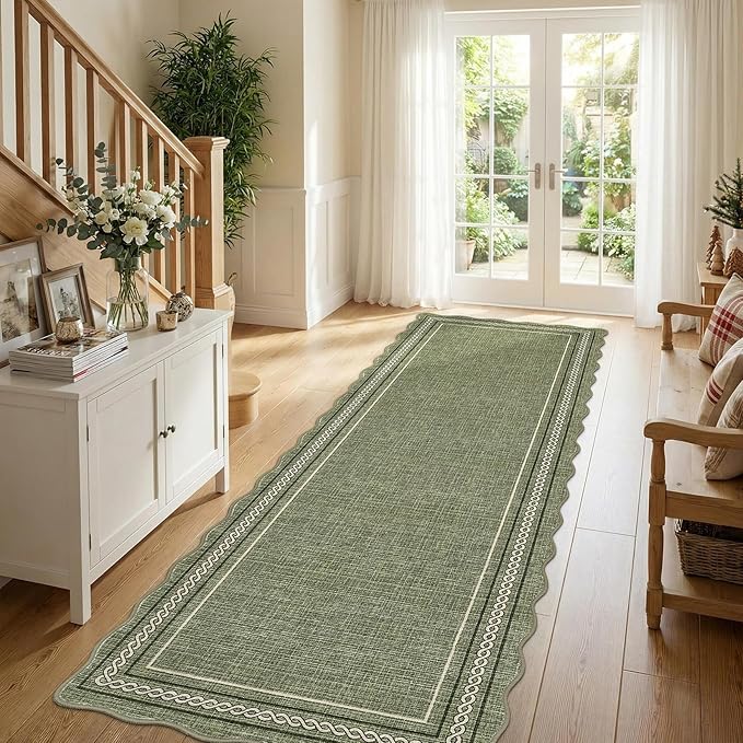 GarveeHome Scalloped Washable Rugs 2x6 Runner Rug for Hallway Non Slip Kitchen Rugs Soft Non Shedding Low Pile Entryway Rug Stain Resistant Carpet for Bath Laundry Room, Green