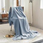 FOSSA Muslin Blanket with Fringe - 4-Layer 100% Cotton Gauze Super Soft & Breathable Throw -Lightweight Decorative Cooling Blanket for Bed, Sofa, Office (Cornflower Blue, Oversize Queen (98" × 98"))