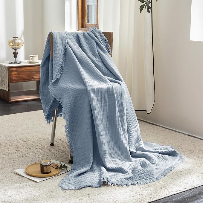 FOSSA Muslin Blanket with Fringe - 4-Layer 100% Cotton Gauze Super Soft & Breathable Throw -Lightweight Decorative Cooling Blanket for Bed, Sofa, Office (Cornflower Blue, Oversize Queen (98" × 98"))