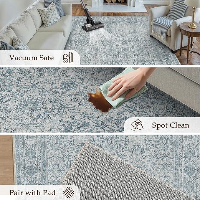 Area Rug 8x10 Blue Washable Living Room Carpet Soft Non Slip Vintage Bedroom Indoor Office Traditional Retro Distressed Large Throw Rug for Dining Room Playroom