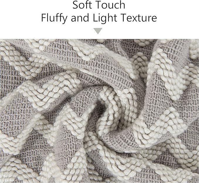 NTBAY Acrylic Knitted Throw Blanket, Lightweight and Soft Cozy Decorative Woven Blanket with Tassels for Travel, Couch, Bed, Sofa, 51x67 Inches, Light Grey Wave