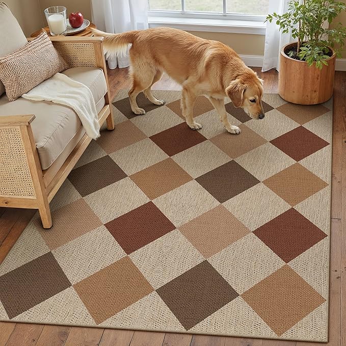 3x5 Checkered Easy Jute Outdoor Patio Rug Washable Area Rugs for Living Room Entryway Diamond Indoor Outdoor Mat Farmhouse Neutral Non Slip Brown-Beige Door Carpet for Backyard Bedroom