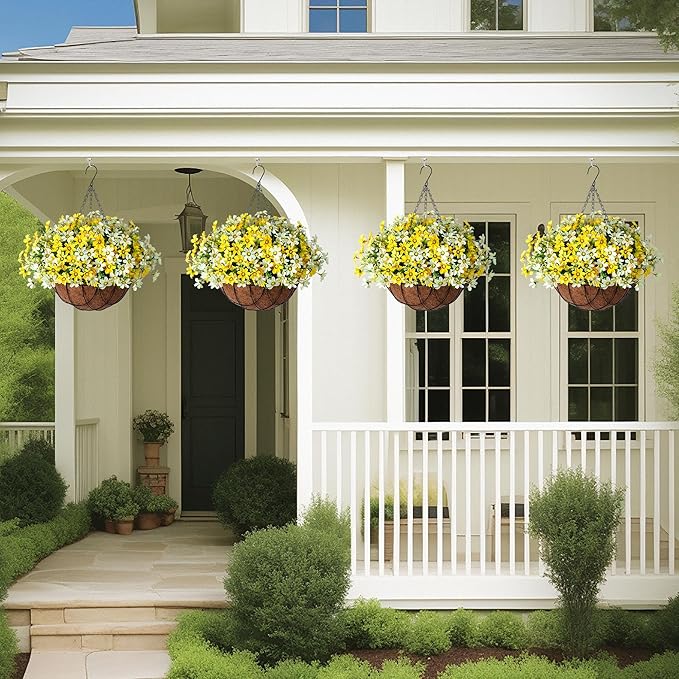 Artificial Silk Flowers Hanging Baskets Outdoors,Chrysanthemum with Eucalyptus Leaves Arrangement for Garden Yard Decor,Faux Plant in Metal Coconut Lining Flowerpot(Yellow)