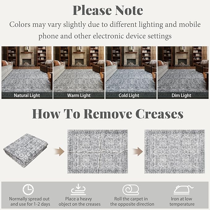 Washable Area Rugs 5'x7' Non-Slip Vintage Boho Distressed Fade Resistant Low Pile Carpet for High-Traffic Living Room, Bedroom & Dining Room