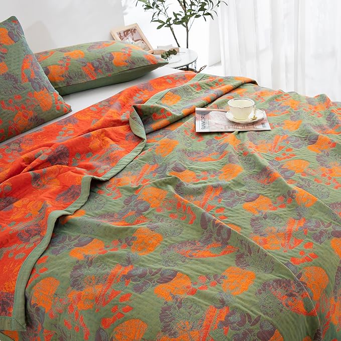 100% Cotton Muslin Blanket Jacquard Ginkgo Leaf Floral Quilt, Soft Bed Cover 3 Layers Lightweight Breathable Gauzy Reversible Bedspread Coverlet Bedding King(98"x94"), No Pillow Sham