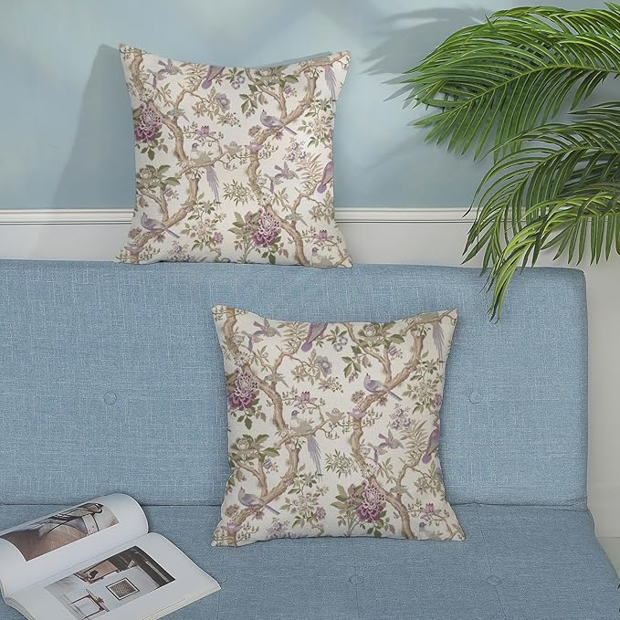 Chinoiserie Pillow Covers 20x20 Set of 2 Purple Green Floral Bird Throw Pillows Vintage Flowers Bird Decorative Pillow Cases Outdoor Chinoiserie Decor Farmhouse Cushion Case for Couch Sofa