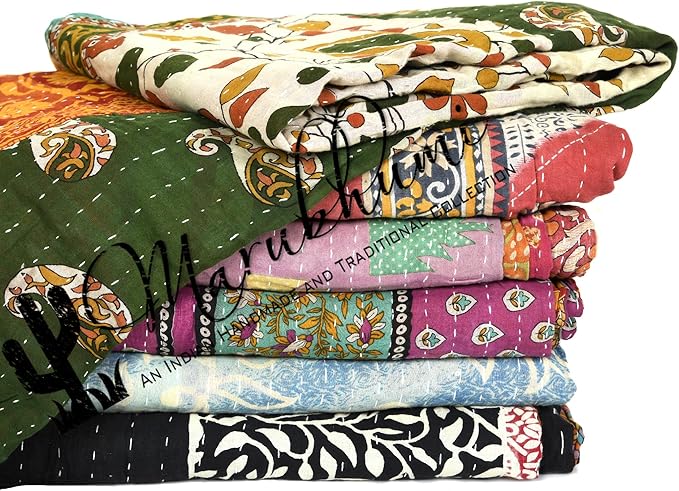 Marubhumi Vintage Kantha Quilt – Handmade Reversible Cotton Throw Blanket with Assorted Patchwork | Boho-Style Decorative Bedding for Sofa, Couch, Bed & Picnic | 1 Pc