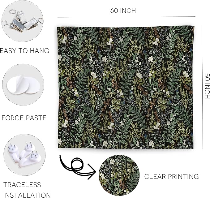 WNAGT Dark Vintage Floral Botanical Tapestry Wall Hanging, Cottage Core Decor, Green Fern Leaf Plant Flower Wall Blanket Decor for Home Bedroom Living Room, 50x60 Inch