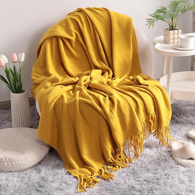 NTBAY Acrylic Knitted Throw Blanket, Lightweight and Soft Cozy Decorative Woven Blanket with Tassels for Travel, Couch, Bed, Sofa, 51x67 Inches, Mustard Yellow Striped