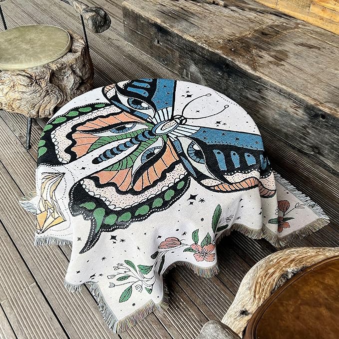 Hopstar Butterfly Throw Blanket Outdoor Blankets and Throws Boho Western Decor Cotton Woven Couch Cover Blanket for Sofa Living Room Beach Travel 51"x63" (Moth)
