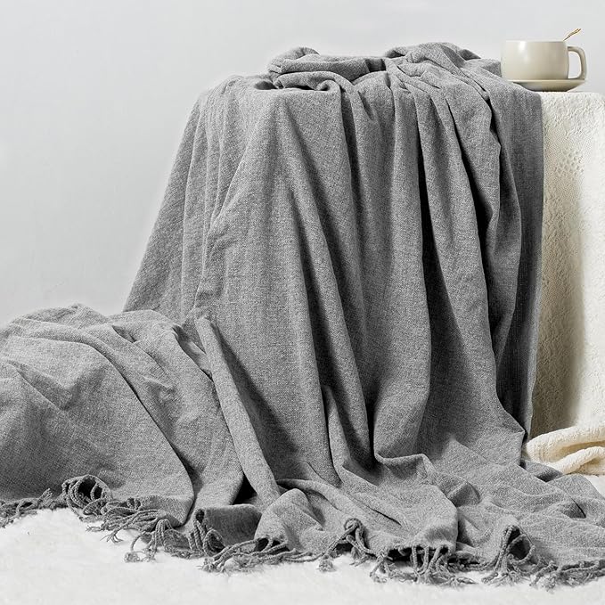 Chenille Throw Blanket for Couch with Tassels,60"X88" Soft Lightweight Knitted Boho Decorative Blankets for Bed and Sofa,Light Grey