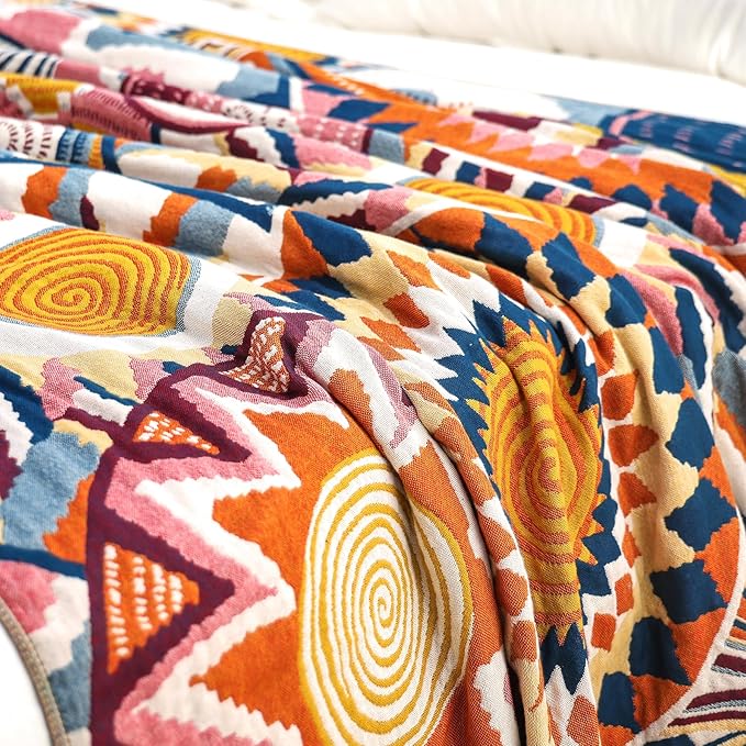 Boho Throw Blanket, 100% Organic Muslin Cotton Skin-friendly Breathable Ultra Soft Bed Quilt Throw - All Season Bohemian Decor Luxury Colorful Blanket for Sofa Couch Chair and Gift. 80" x 90"