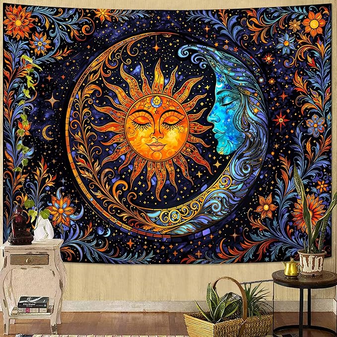Spenlife Celestial Sun and Moon Tapestry Cosmic Tapestry for Bedroom Astral Tapestries Wall Hanging Bedroom Living Room Wall Art and Home Decor 70x90 Blue