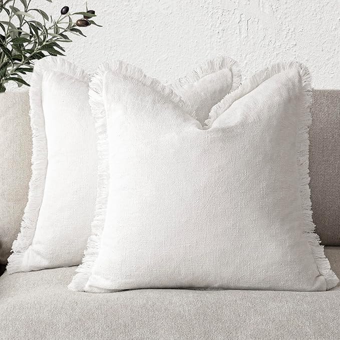 Foindtower Set of 2 Decorative Linen Fringe Throw Pillow Covers Cozy Boho Farmhouse Cushion Cover with Tassels Soft Accent Pillowcase for Couch Sofa Bed Living Room Home Decor,18×18 Inch,White