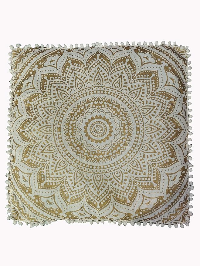 Gold Mandala Barmeri Large Floor Pillow Cover Cushion Meditation Seating Ottoman Throw Cover Hippie Decorative Zipped Bohemian Pouf Ottoman Poufs, Pom Pom Pillow Cases (White Gold, 24" Square)