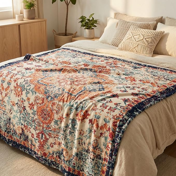 Horaldaily Boho Bohemia Blanket Throw, Vintage Country Rustic Farmhouse Soft Fuzzy Plush Faux Fur Cozy Blankets for Couch Sofa Bed Lounging, Ideal Gifts for Kids Adults Wife Self, 50x60