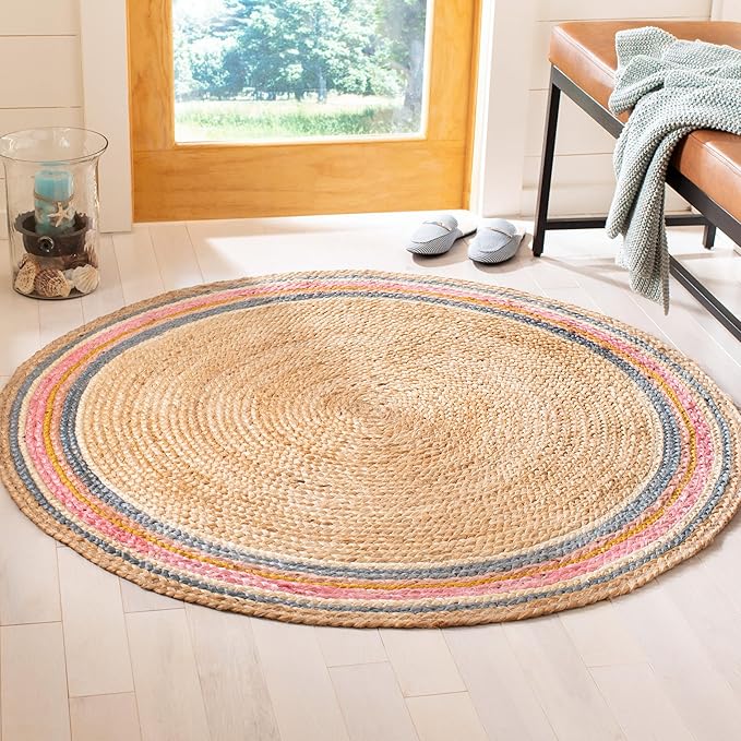 SAFAVIEH Natural Fiber Round Collection 5' Round Fuchsia / Beige NF806R Handmade Boho Charm Braided Jute Area Rug