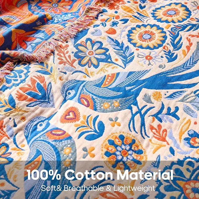 Boho Throw Blanket 50"x60" 100% Cotton Couch Floral Blanket with Flower Bird Pattern, Reversible Soft Breathable Lightweight Spring Decorative Tassel Blankets for Chair Sofa Bed Decor All Season