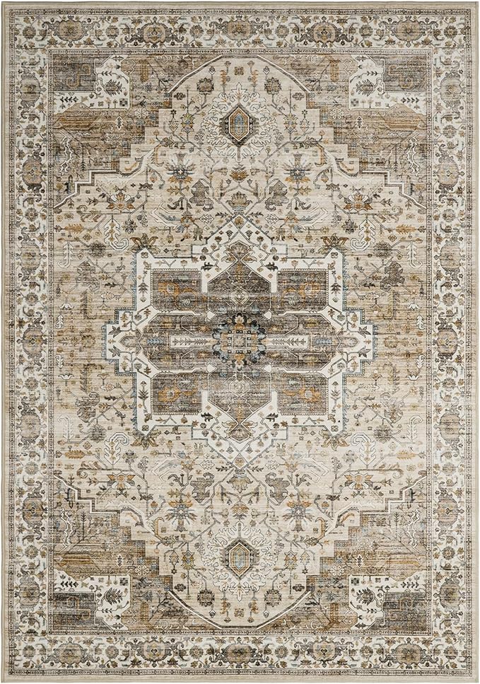 6x9 Rug, Stain Resistant Washable Area Rugs with Anti-Slip Backing, Vintage Large Bedroom, Living Room Rugs, Foldable Soft Rug (Beige/Brown, 6'x9')