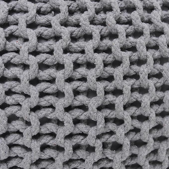 REDEARTH · Round Boho Pouf Ottoman - Cable Knitted Cord Boho Pouffe - Stuffed Poof Accent Beanbag Footrest for Living Room - Nursery - Bedroom - Covered Patio - Study Nook (19.5"x19.5"x14") - Gray
