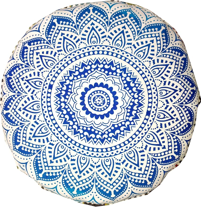 ICC 32" Blue Mandala Floor Pillow Cushion Cover Seating Throw Cover Hippie Decorative Bohemian Ottoman Poufs Cover, Pom Pom Pillow Cases, Boho Indian