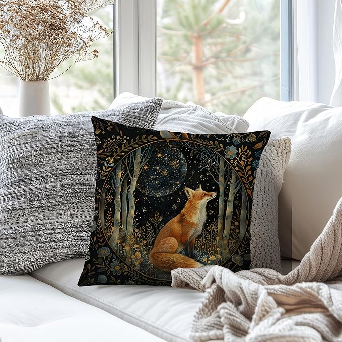 Vintage Dark William Morris Fox Floral Print Pillow Covers 18x18,Cottagecore Fox Decor,Dark Dcademia Animal Floral Decorative Throw Pillow Covers for Home Bedroom Living Room