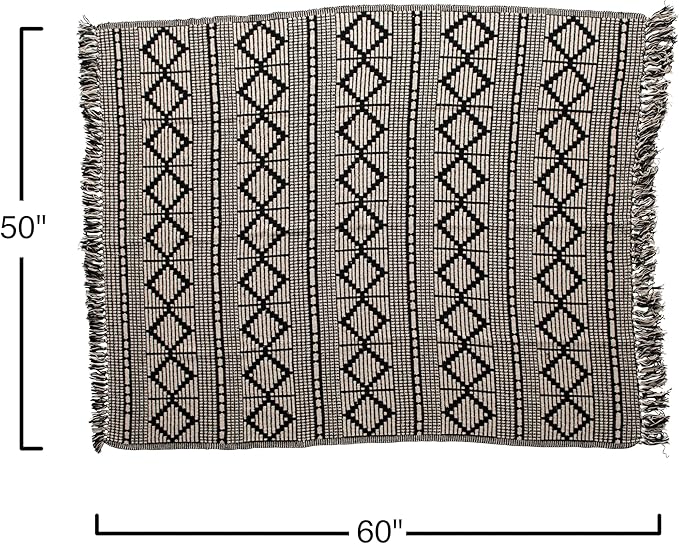 Bloomingville Soft Reclaimed Cotton Blend Throw with Diamond Pattern and Fringe, Black and Beige