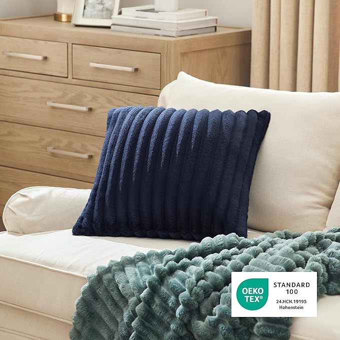 Bedsure Double-Side Striped Throw Pillow Covers 18x18 Set of 2, Spring Fluffy Blue Soft Decorative Pillow Covers, Home Decor for Couch Sofa Living Room Bedroom