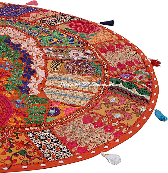 Indian Bohemian Floor Pillow for Kids Orange 28 Inch Patchwork Yoga Pouffe Footstool Home Decor Embroidered Vintage Cotton Round Floor Cushions for Adults 28x28