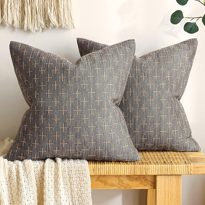 MIULEE Pack of 2 Decorative Burlap Linen Throw Pillow Covers Modern Farmhouse Vintage Pillowcase Rustic Woven Textured Cushion Cover for Sofa Couch Bed 22x22 Inch Dark Grey