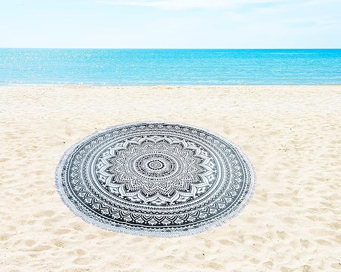 Round Beach Tapestry Turquoise Mandala Throw/Boho Hippie Beach Blanket Roundie/Indian Cotton Bohemian Large Round Table Cloth-Home Decor/Yoga Mat Meditation Picnic Rug (42", Grey)