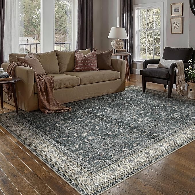 HUGEAR Area Rug 5x7 Vintage Black Machine Washable Living Room Rugs Distressed Retro Floral Vacuumable Low Pile Carpet Bedroom Office Dining Room Laundry Room Non Slip Soft Lightweight