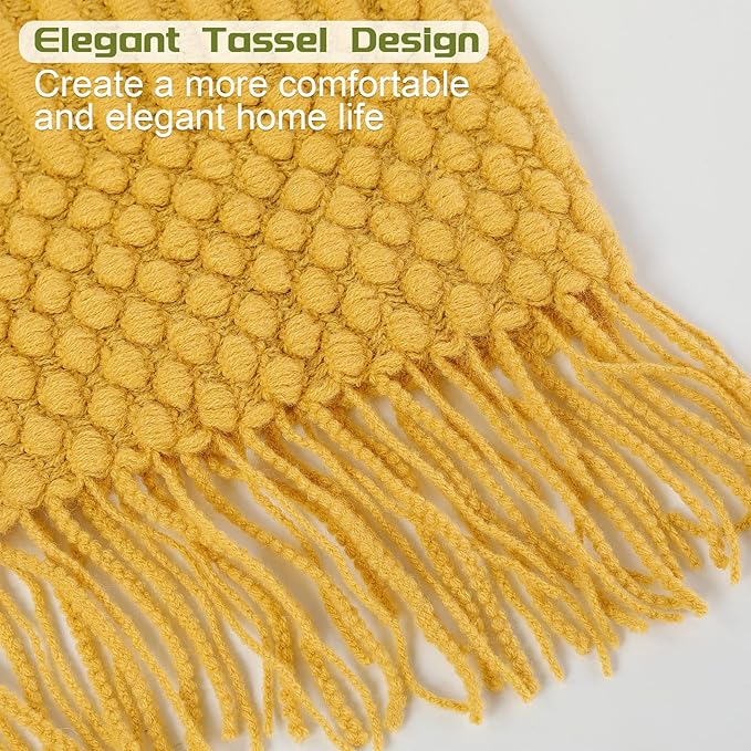 Blagic Knitted Throw Blanket for Couch, Bed and Sofa. Super Soft Blanket with Tassels, Yellow Throw Blanket, 50 x 60 Inches Lightweight & Cosy Home Decor