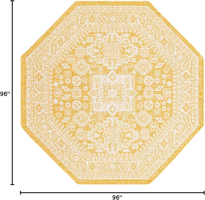 Rugs.com Outdoor Aztec Collection Rug – 8 Ft Octagon Yellow Flatweave Rug Perfect for Living Rooms, Kitchens, Entryways