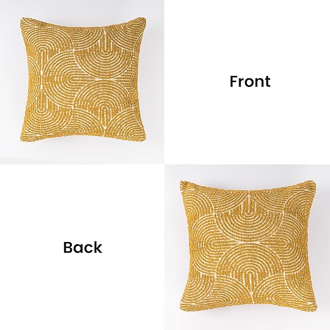 AELS Boho Decorative Textured Throw Pillow Covers 18x18, Organic Modern Mid Century Rainbow Tufted Pillow Case, Farmhouse Rustic Geometric Woven Cushion Case for Bed Couch Sofa, Mustard Yellow