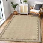 GarveeHome Scalloped 4 x 6 Rug Non-Slip Washable Low-Pile Carpet - Solid Tan Jute Digital Printing Modern Rugs for Bedroom Living Room Nursery Kitchen Indoor Mat with Rubber Back