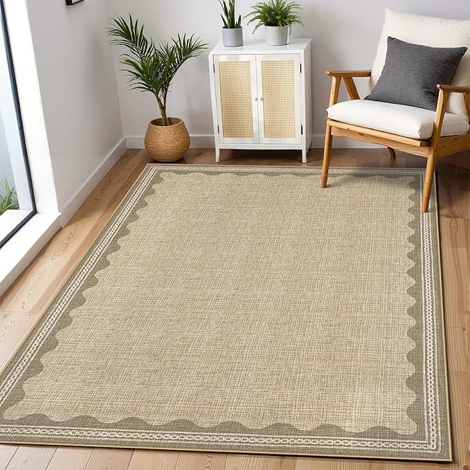 GarveeHome Scalloped 4 x 6 Rug Non-Slip Washable Low-Pile Carpet - Solid Tan Jute Digital Printing Modern Rugs for Bedroom Living Room Nursery Kitchen Indoor Mat with Rubber Back